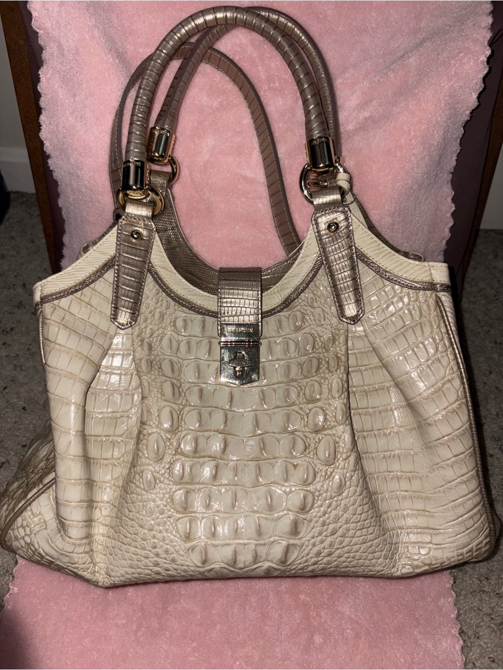 Brahmin Cream Croc-Embossed Shoulder Tote with Gold Hardware